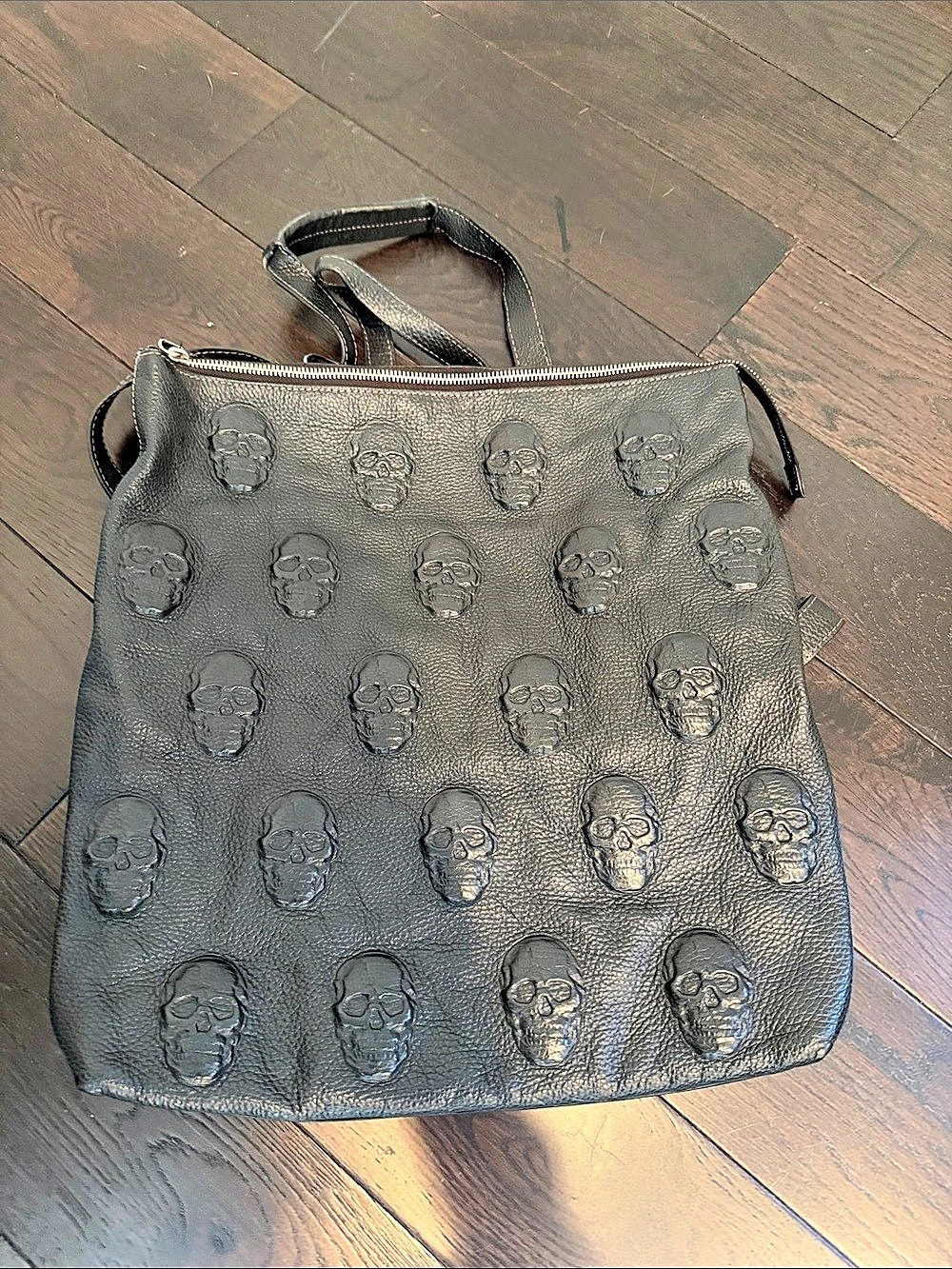Io Pelle Skull Embossed Leather Convertible Backpack Tote in Black